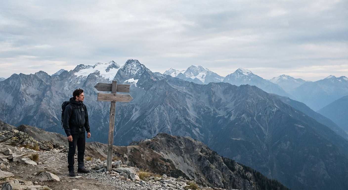 アルパイン環境で登山者がルートを見つめる姿、様々な登山スタイルへの選択を象徴する静かなシーン