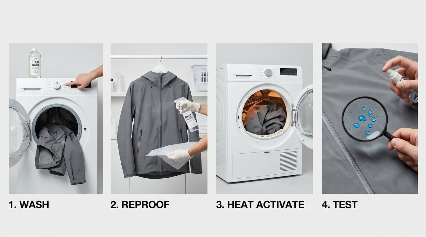 シェルジャケットの洗濯と再撥水処理のステップバイステップビジュアルガイド