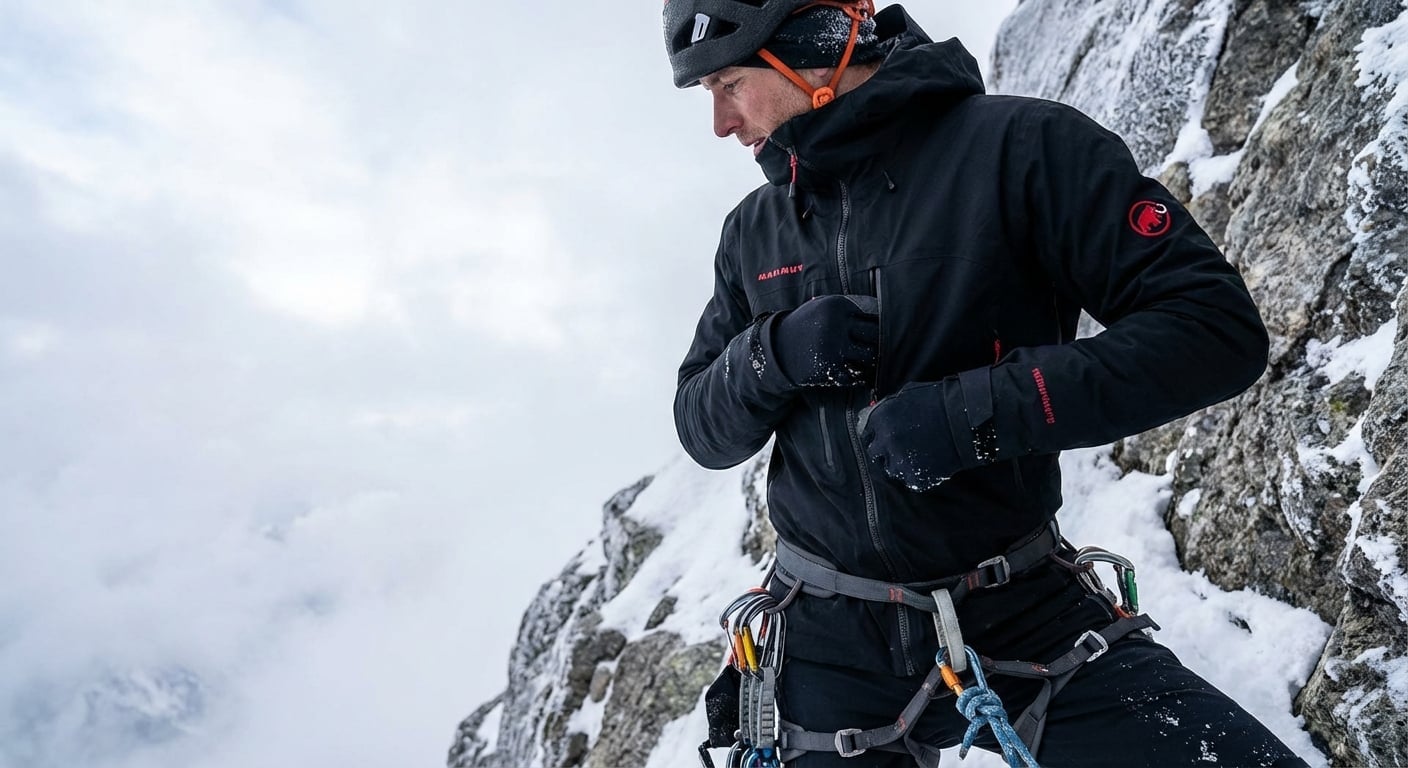 Mammut Nordwand Advancedを着用したクライマーのテクニカルアルパインルートでの使用シーン、ハーネス互換性を示すアクションショット