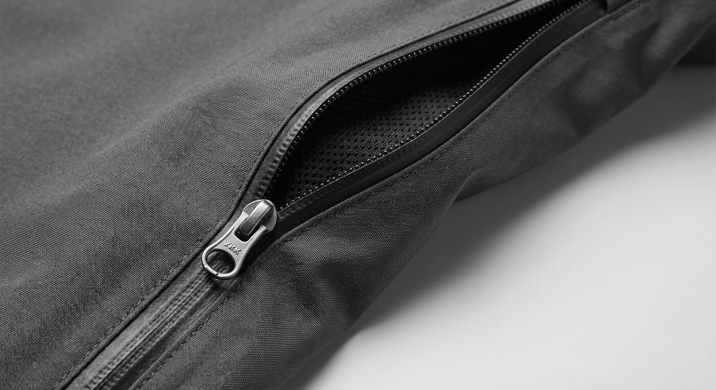 ハードシェルジャケットのピットジップベンチレーションシステムの詳細クローズアップ、YKK AquaGuard防水ジッパーとメッシュ構造