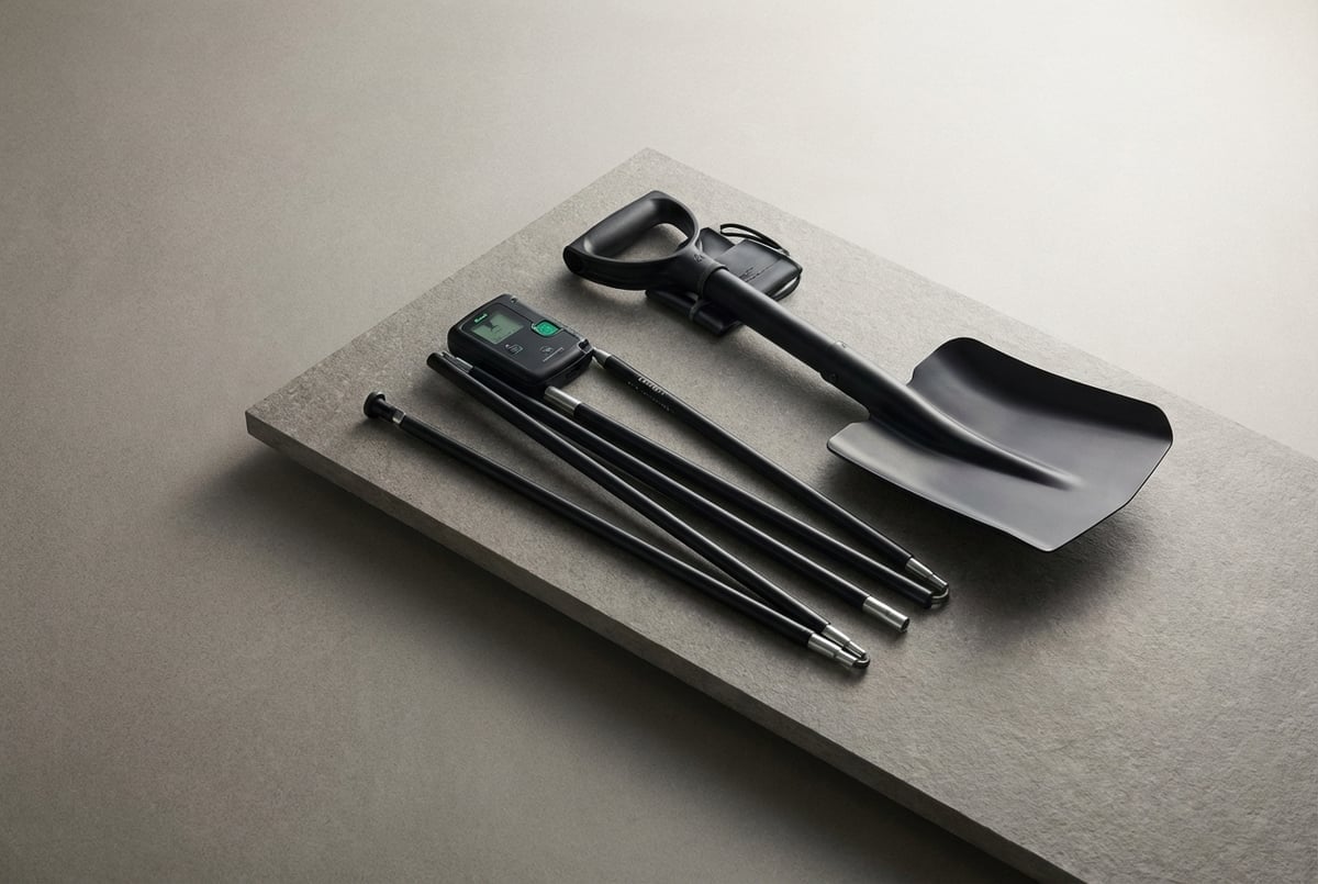 雪崩ビーコン、プローブ、ショベルの三点セット、スタジオ撮影