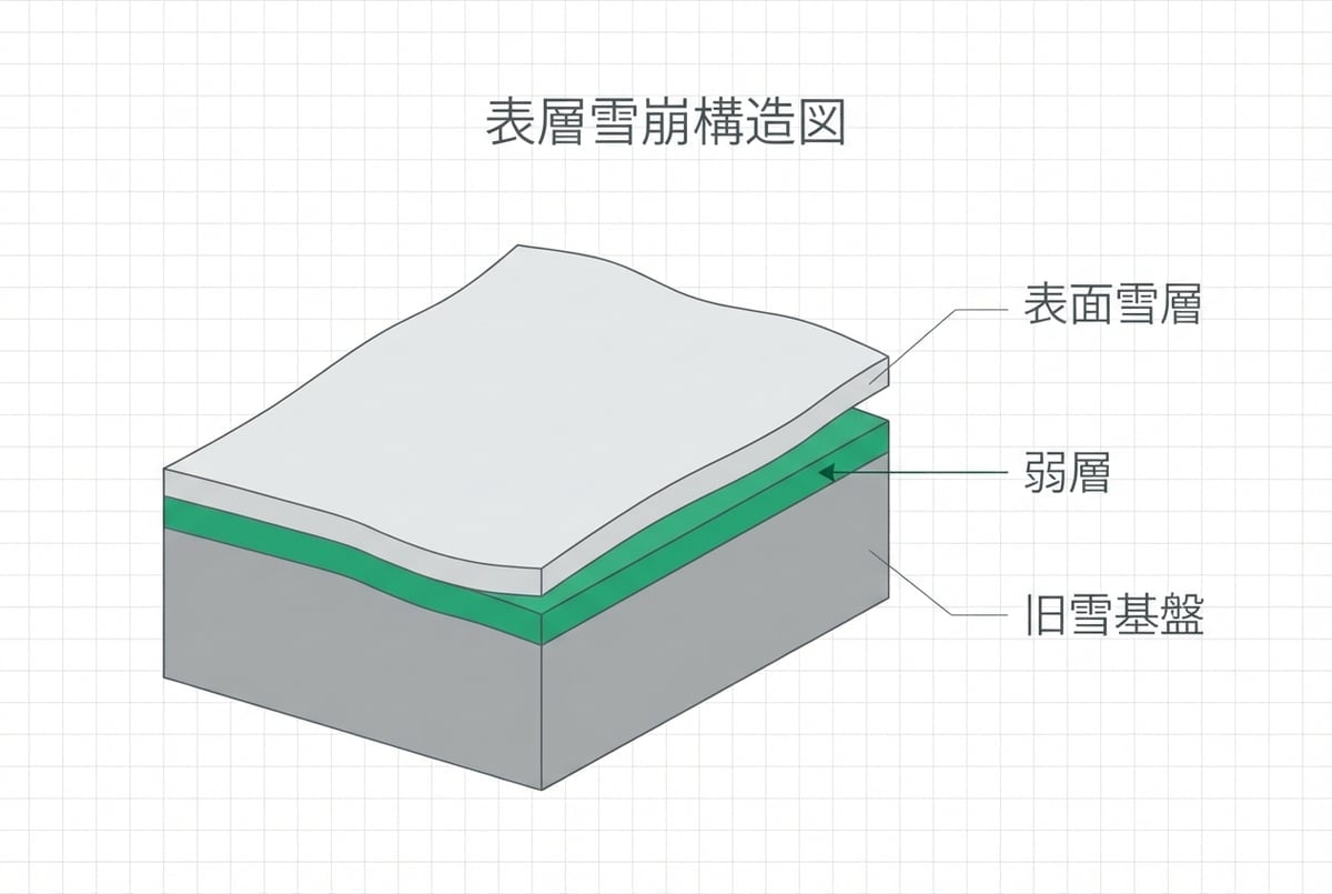 表層雪崩の断面構造を示す技術図解、弱層と滑り面の関係を明示