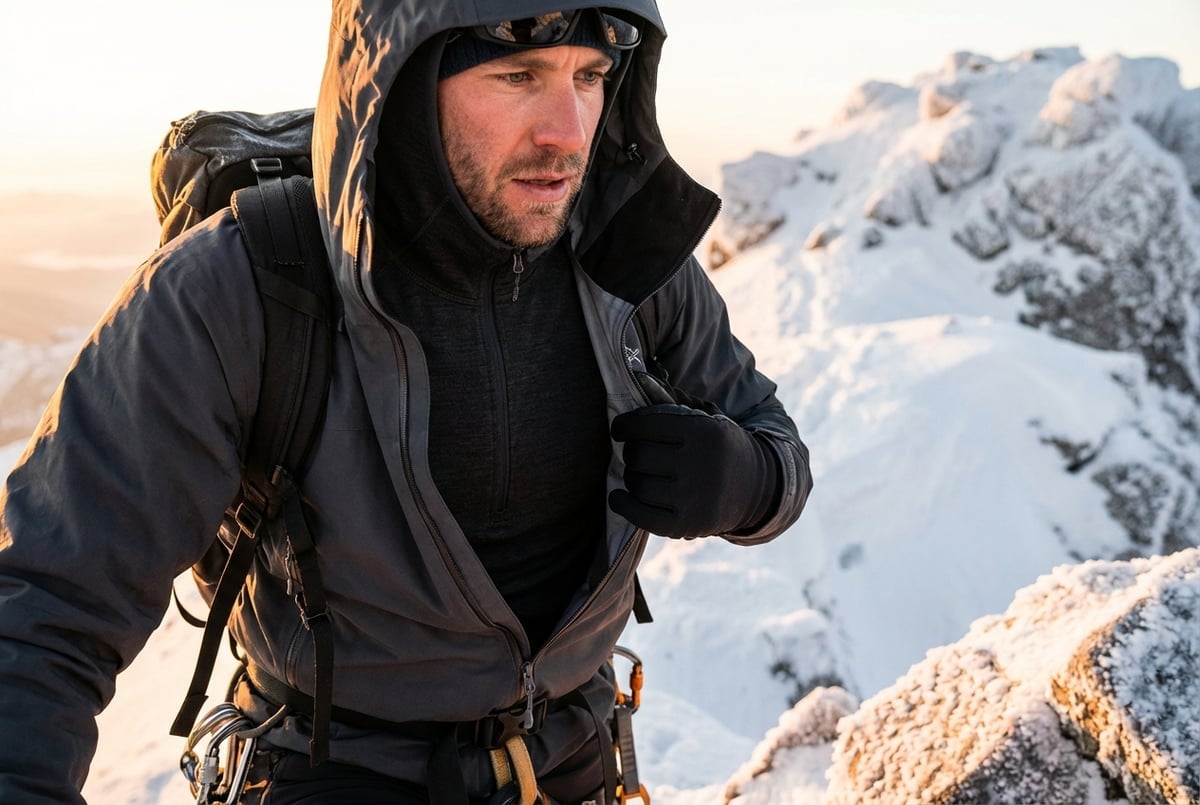 冬山でベースレイヤーを確認する登山者、レイヤリングシステムの一部として