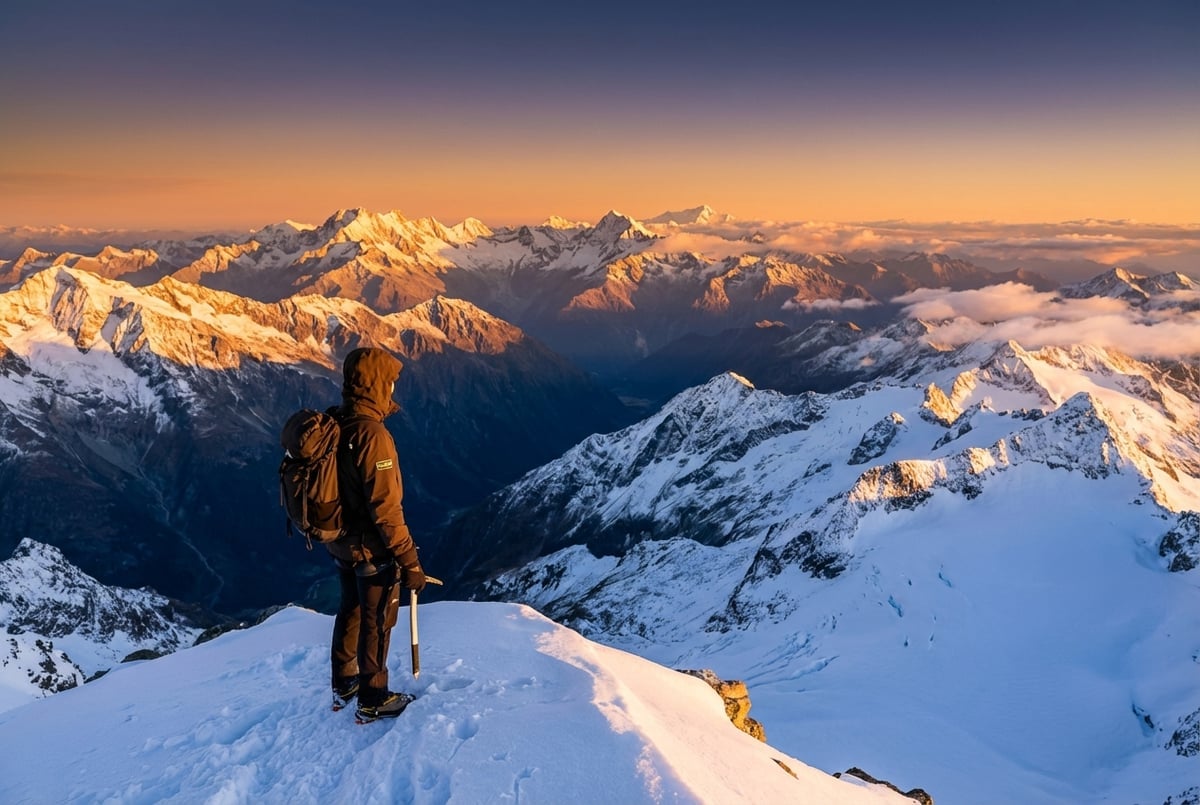 山頂に立つ登山者、PFAS-フリーハードシェルが象徴する持続可能な登山