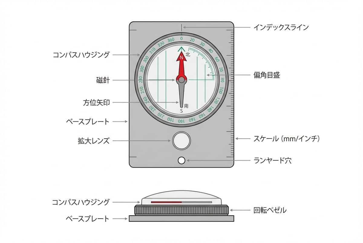 プレート型コンパスの各部名称と機能を示す図解