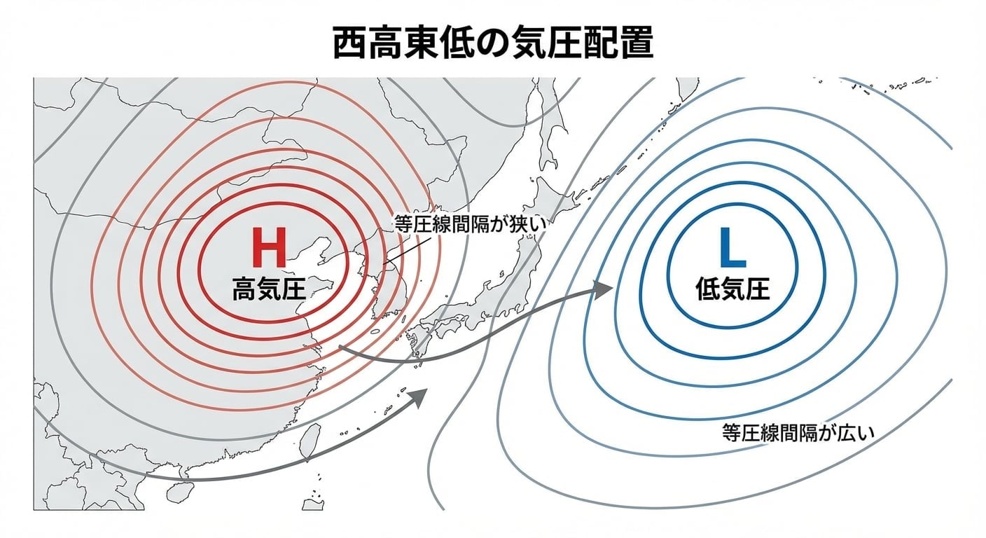 西高東低の気圧配置を示す天気図、等圧線の間隔と風向きを明示