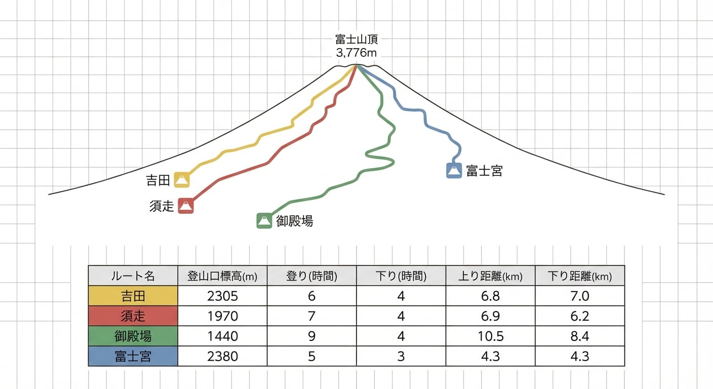 富士山4大登山ルートの比較図、各ルートの特徴を示すインフォグラフィック