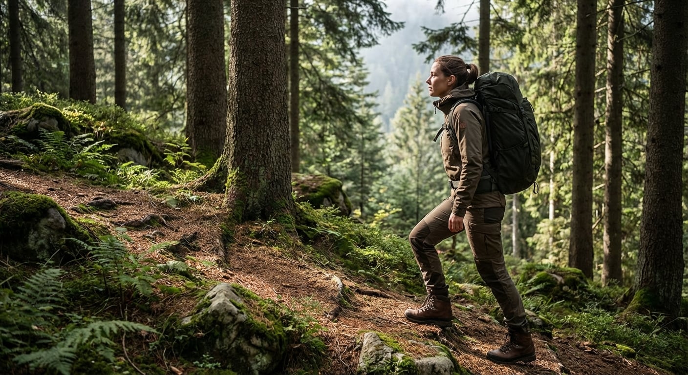 低山でのトレーニング登山の様子、登山靴とザックを装備した登山者