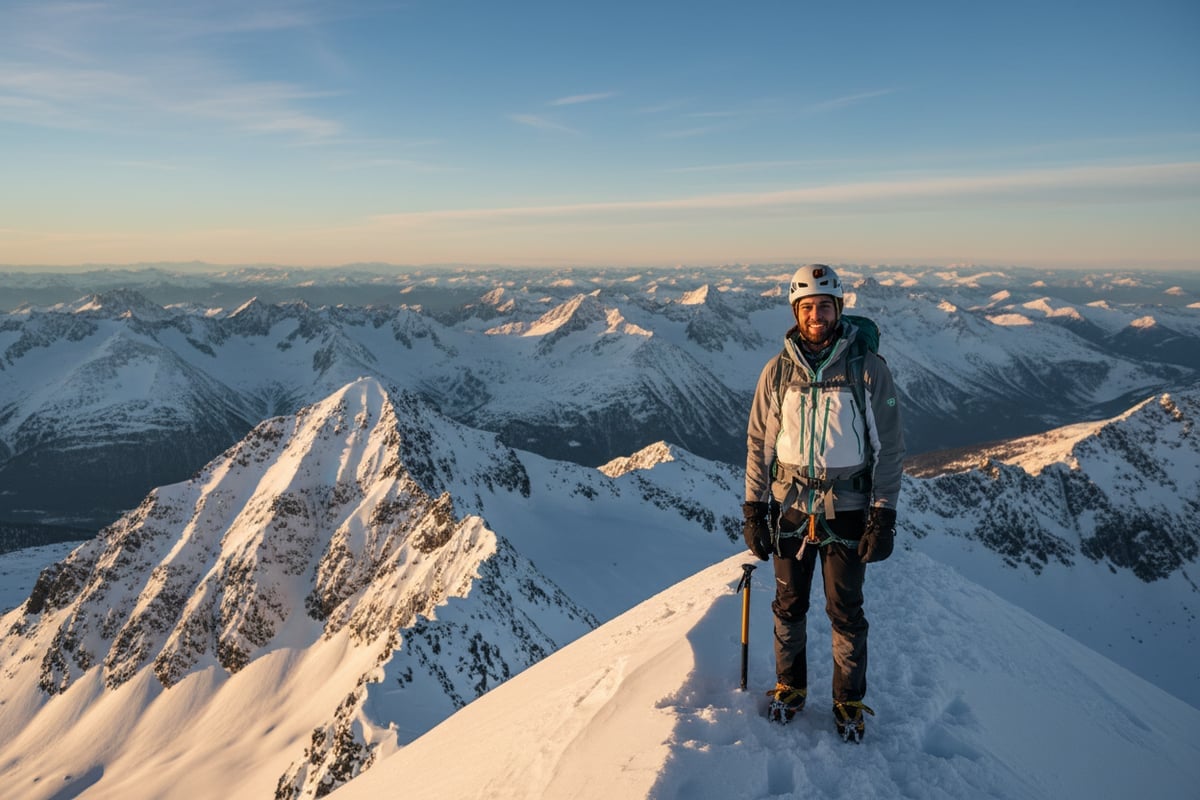 満足感のある表情で雪山の山頂に立つ登山者、完璧なレイヤリングで快適な様子