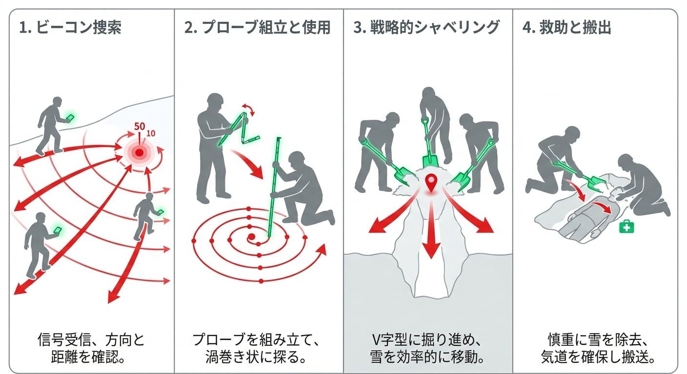 雪崩ビーコン・プローブ・ショベルの使用方法を示すステップバイステップ図