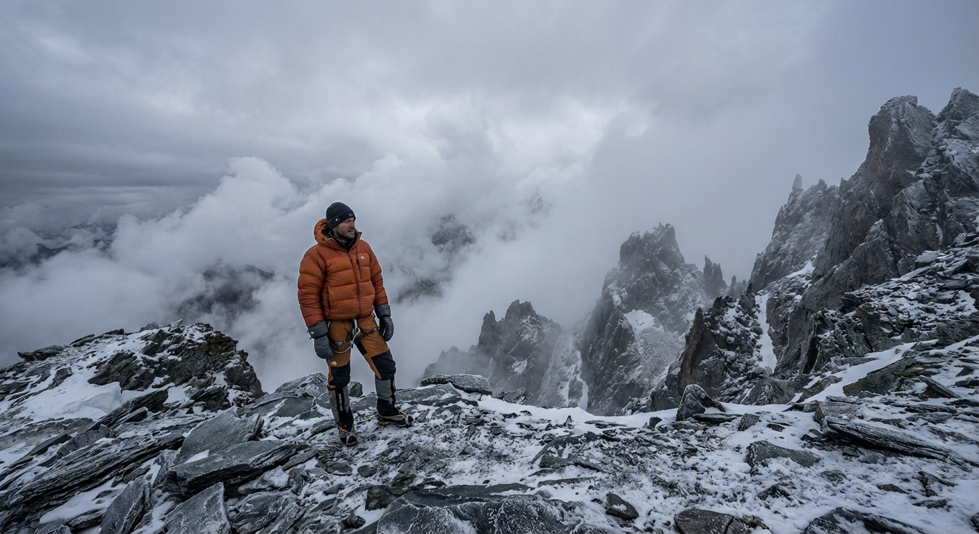 低体温症リスクを示すイメージ、稜線で防寒着に身を包む登山者