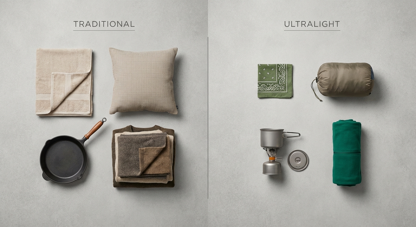 削減可能な装備の例を示すフラットレイ構成、不要なコンフォートアイテムと代替品の対比