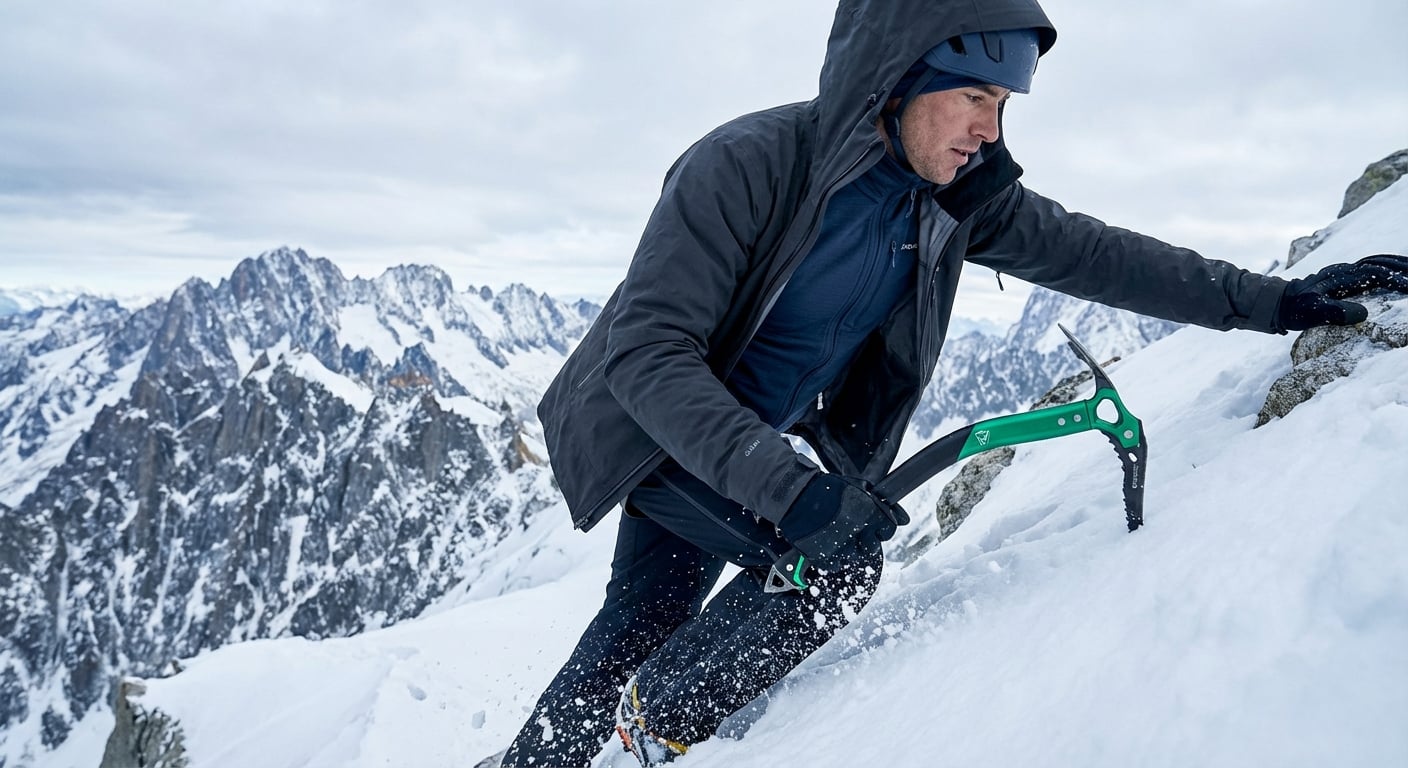 急登を登る登山者、化繊ベースレイヤーが見える部分的に開けたシェルジャケット、雪しぶきと動的な動き