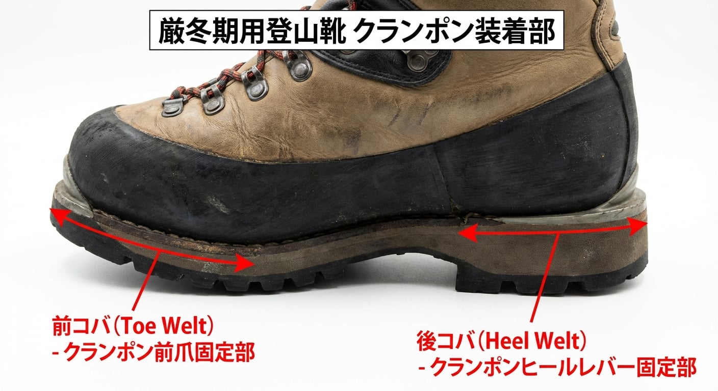 冬山ブーツのコバ（ウェルト）構造、アイゼン装着ポイントを明示