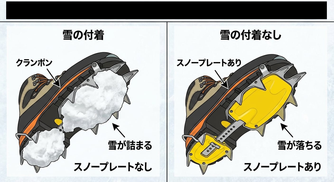 スノープレート有無による雪詰まりの違い、左は雪団子が形成、右はスノープレートで防止