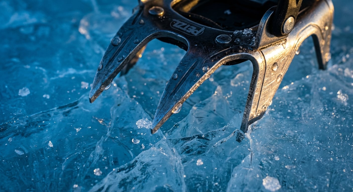 垂直前爪が青氷に深く食い込む様子、技術的クライミングに必要な爪形状