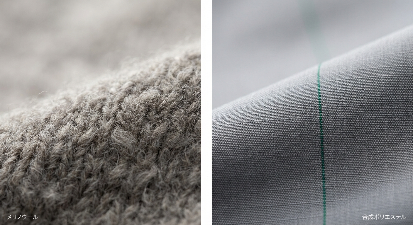 メリノウールと化繊ベースレイヤーの生地テクスチャを比較するクローズアップ