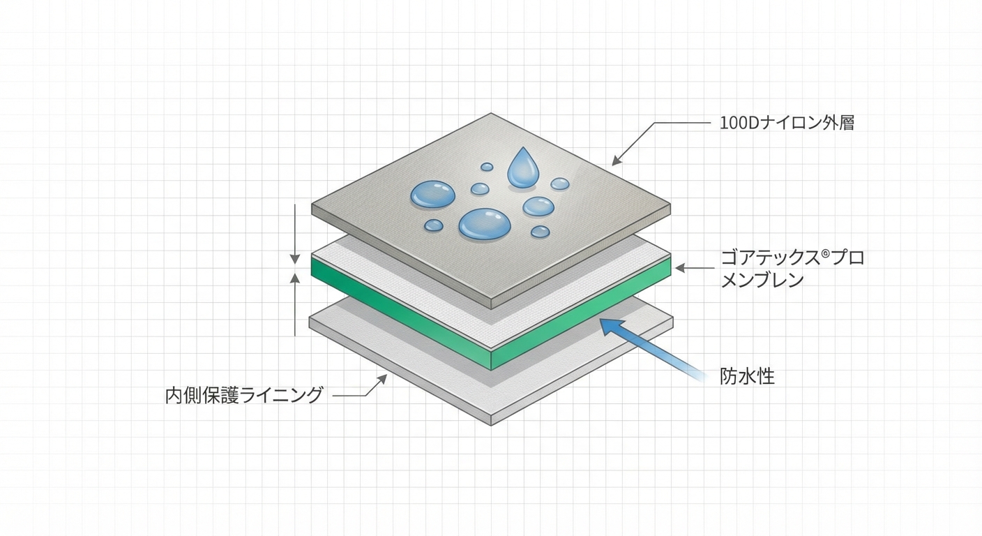 GORE-TEX Pro 3レイヤーシェルの生地構造を示す断面図