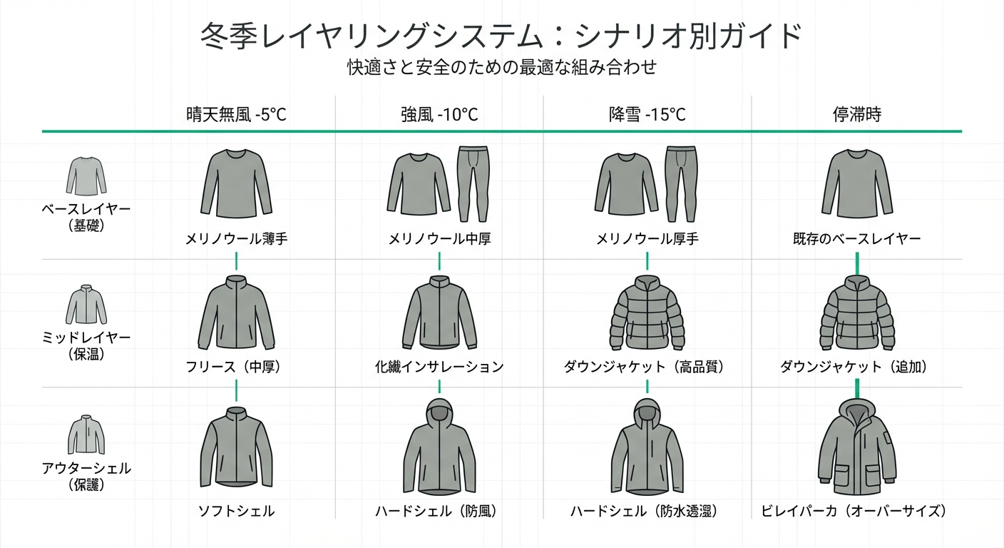 異なる気温・風条件でのレイヤリング組み合わせを示す表
