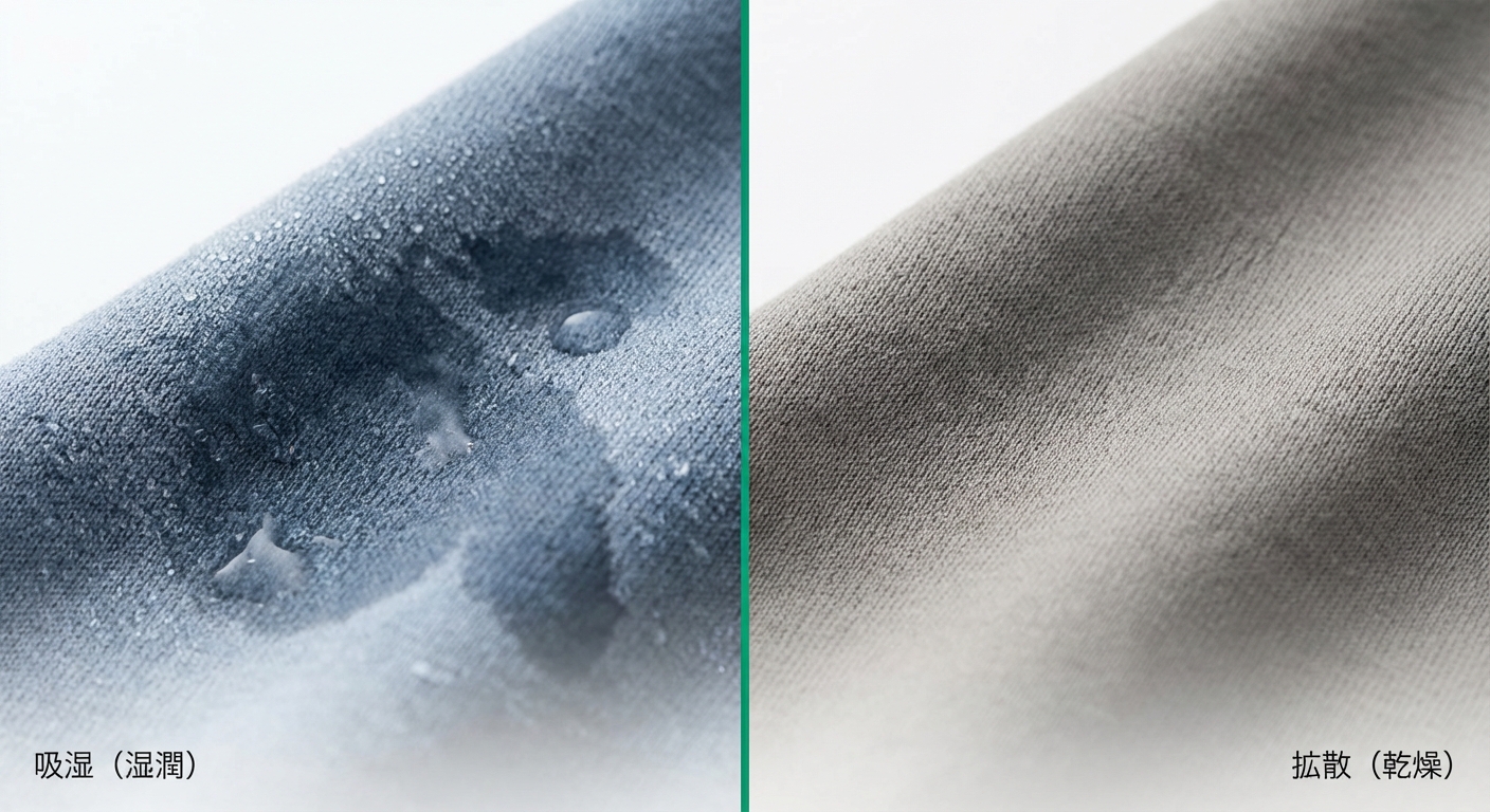 汗で濡れたベースレイヤーと、適切に管理されたドライなベースレイヤーの対比