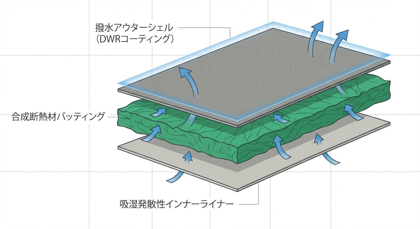 アクティブインサレーションの断面構造図、シェル生地と中綿の関係を示す