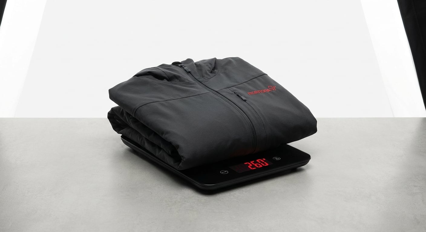 Norrøna Falketind Octa Jacketの重量計測、260gを示すスケール
