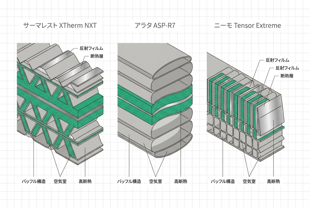 主要エアマットの断面構造比較図：反射フィルム層、エアチャンバー、バッフル構造