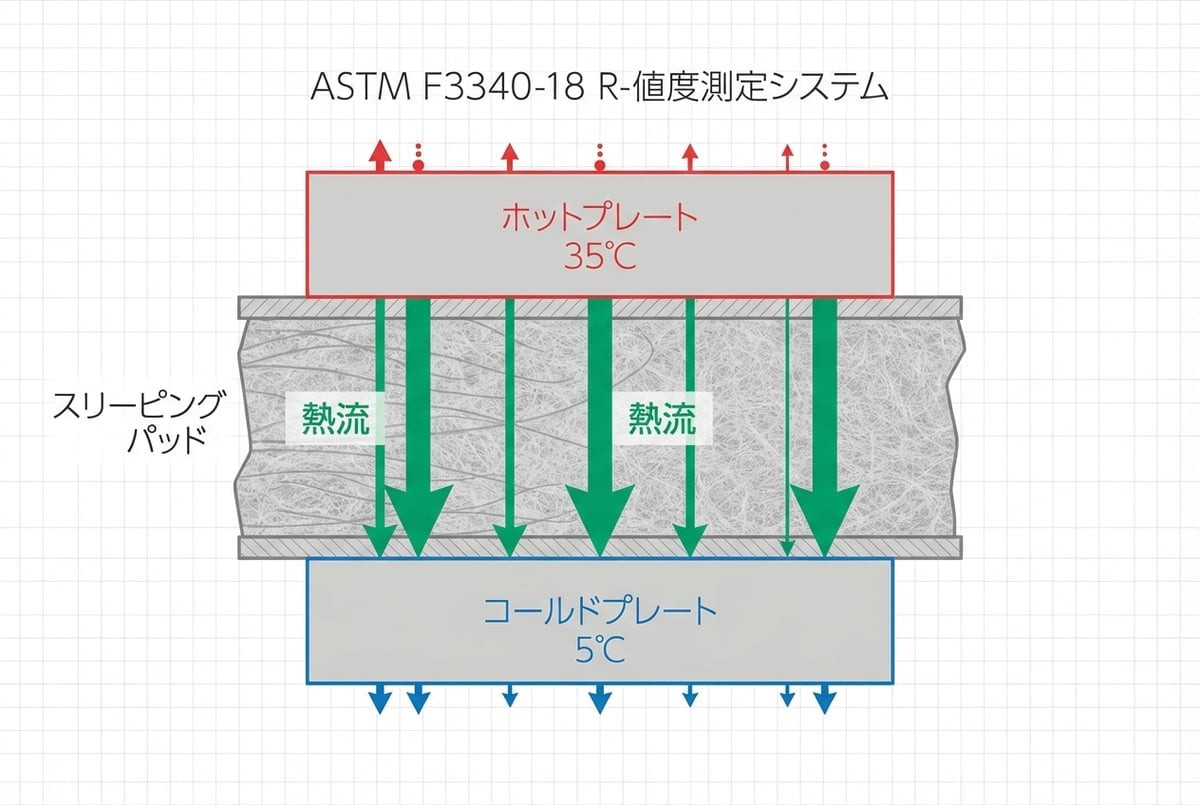 ASTM F3340-18基準によるR値測定の概念図：熱板と冷板に挟まれたスリーピングマット