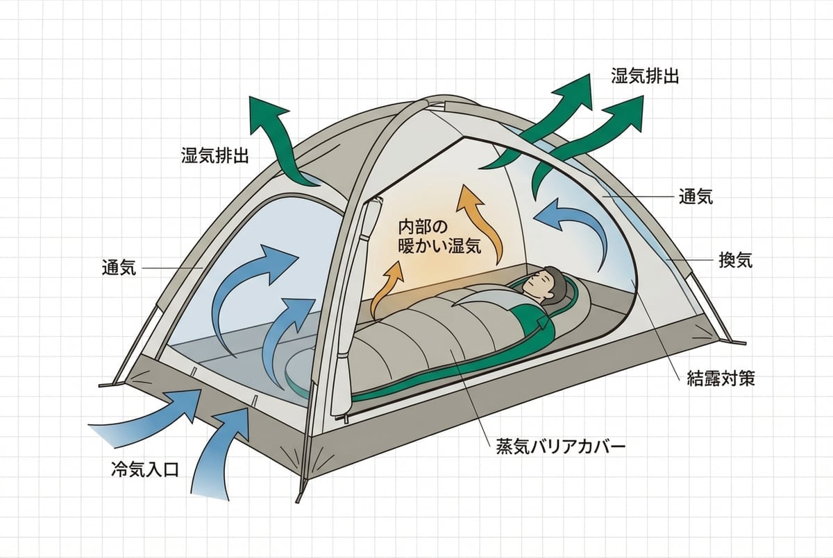 テント内の結露対策：ベンチレーション、シュラフカバー、湿気排出の概念図